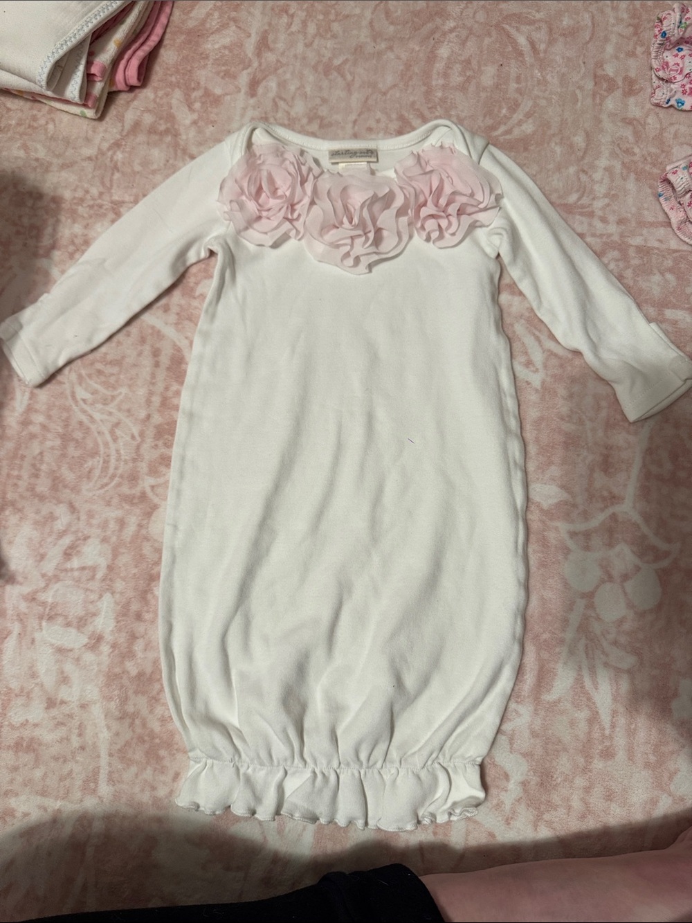 Starting Out White Footie Gown with Pink Floral Ruffles
